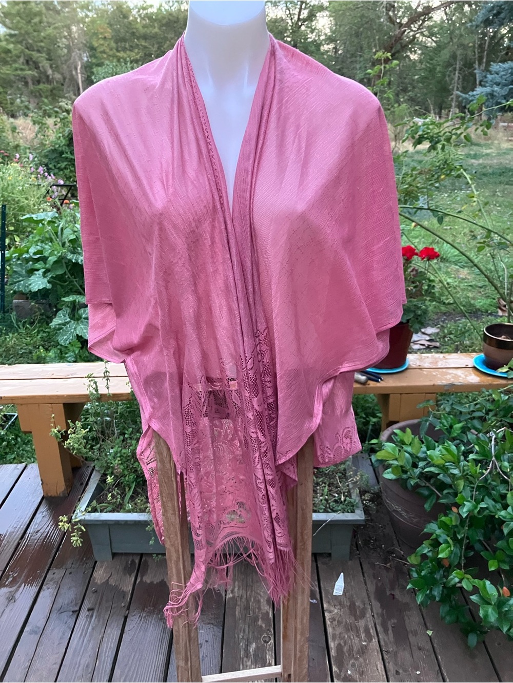 Fringed lightweight shawl or poncho or nighttime coverup
